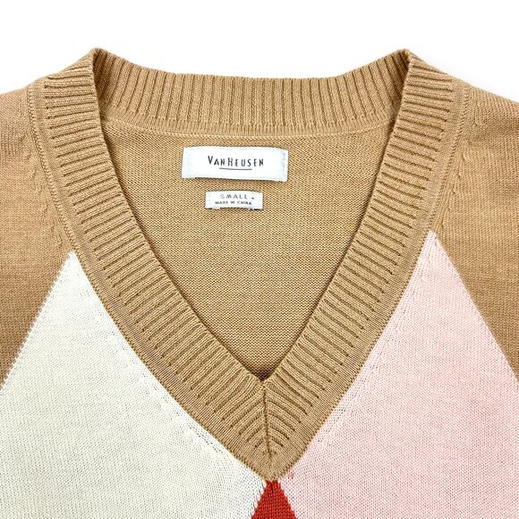 Van Heusen Vneck Argyle Diamond Lightweight Sweater Light Academia Tan Small - Picture 2 of 5